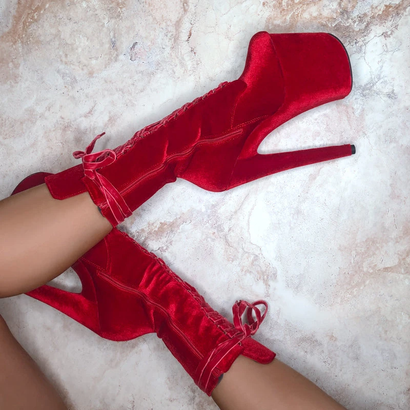 Brand new 🥰 Shoes Hella Heels BabyDoll Velvet 8inch Boots - Bad Blood ❤️ 6 Shoes Hella Heels BabyDoll Velvet 8inch Boots - Bad Blood