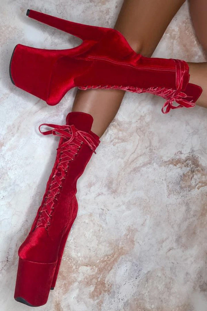 Brand new 🥰 Shoes Hella Heels BabyDoll Velvet 8inch Boots - Bad Blood ❤️ 2 Shoes Hella Heels BabyDoll Velvet 8inch Boots - Bad Blood