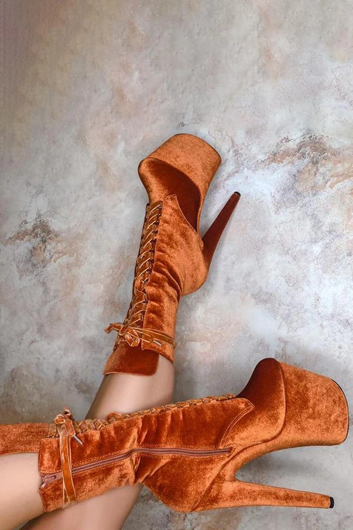 Best deal 😉 Hella Heels BabyDoll Velvet 8inch Boots - Brandy 😉 2 Hella Heels BabyDoll Velvet 8inch Boots - Brandy