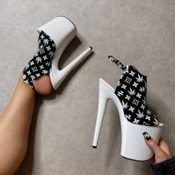 Hella Heels Branded Shield 8inch Stilettos - Black/White Shoes