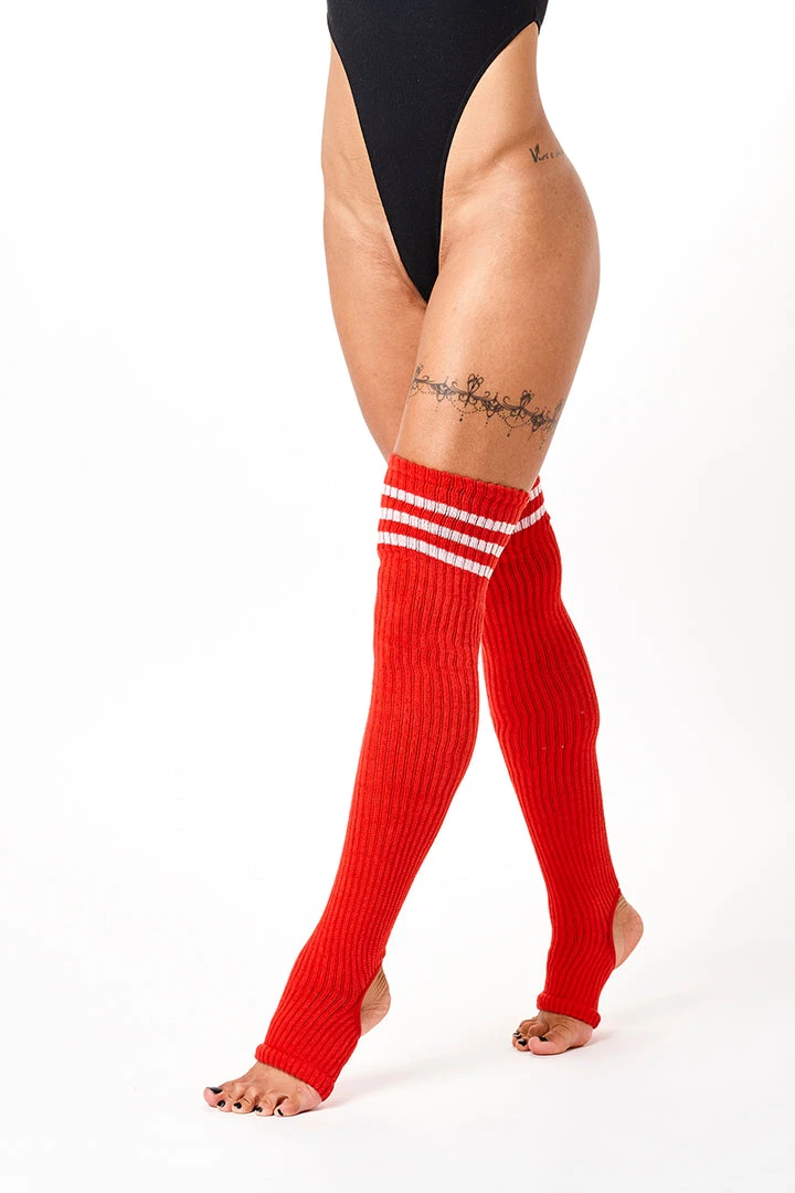 Coupon โ๏ธ Rolling Thigh High Leg Warmers With Stirrups - Striped Red/White Accessories ๐ฅ 2 Rolling Thigh High Leg Warmers With Stirrups - Striped Red/White Accessories